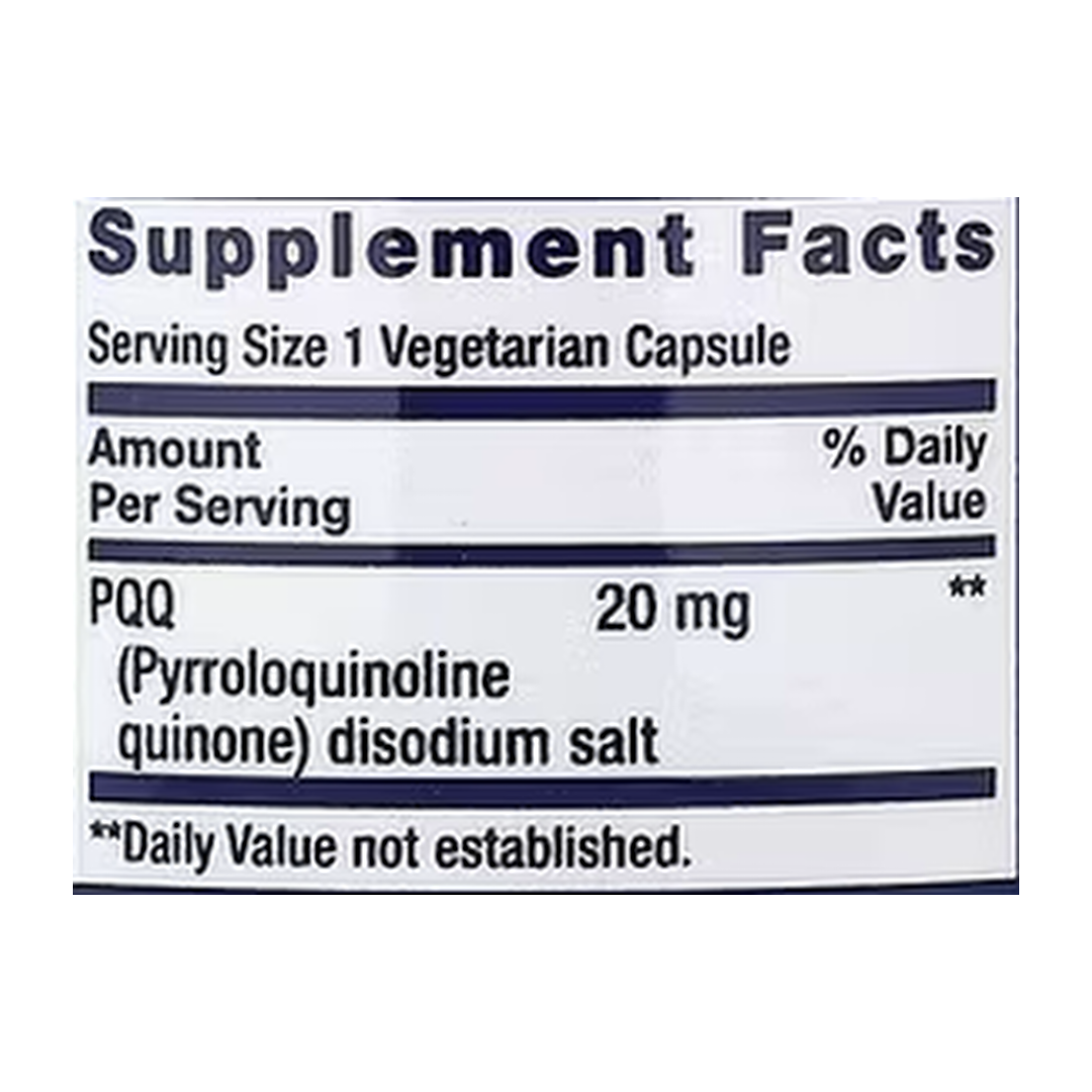 Life Extension, PQQ Caps (20 mg) supplement facts label showing ingredients, vitamins, minerals, and serving information