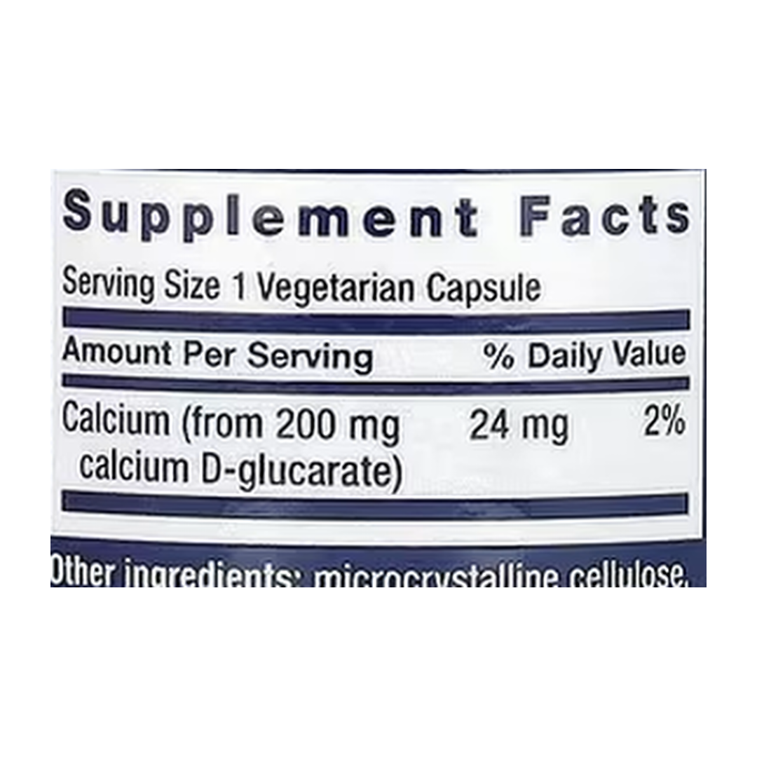 Life Extension, Calcium D-Glucarate, 200 mg, 60 Vegetarian Capsules supplement facts label showing ingredients, vitamins, minerals, and serving information