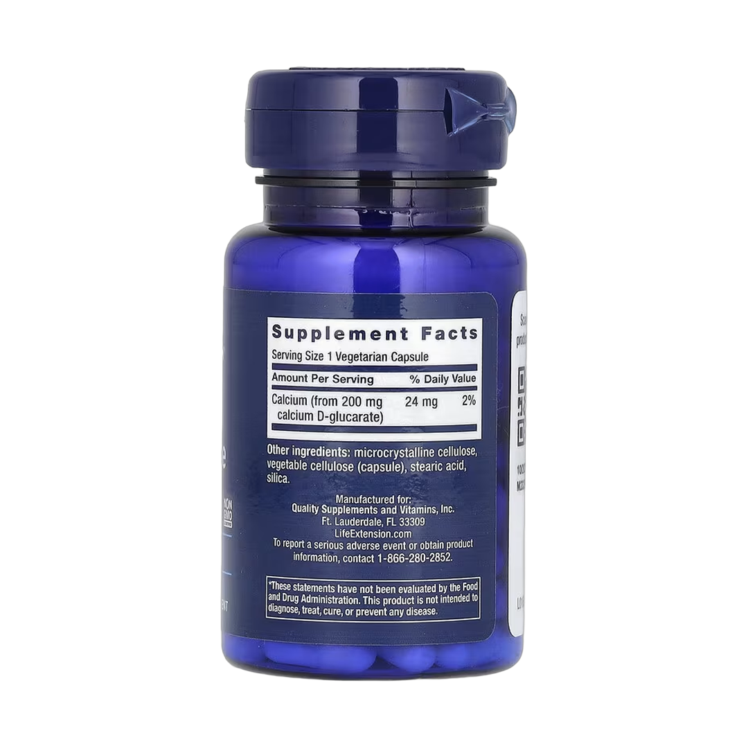 Life Extension, Calcium D-Glucarate, 200 mg, 60 Vegetarian Capsules back packaging view