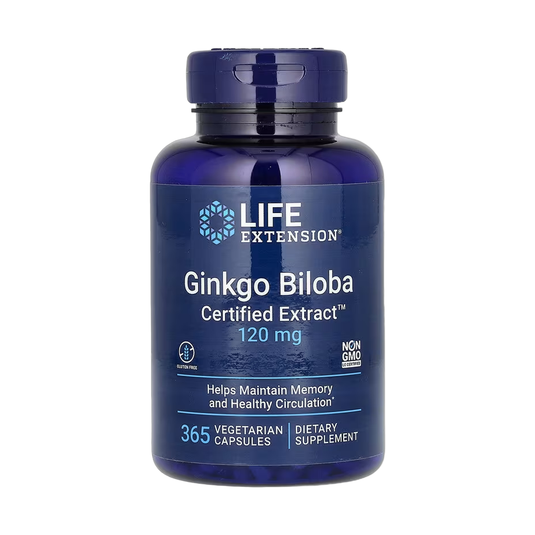 Life Extension, Ginkgo Biloba, Certified Extract, 120 mg, 365 Vegetarian Capsules front packaging view
