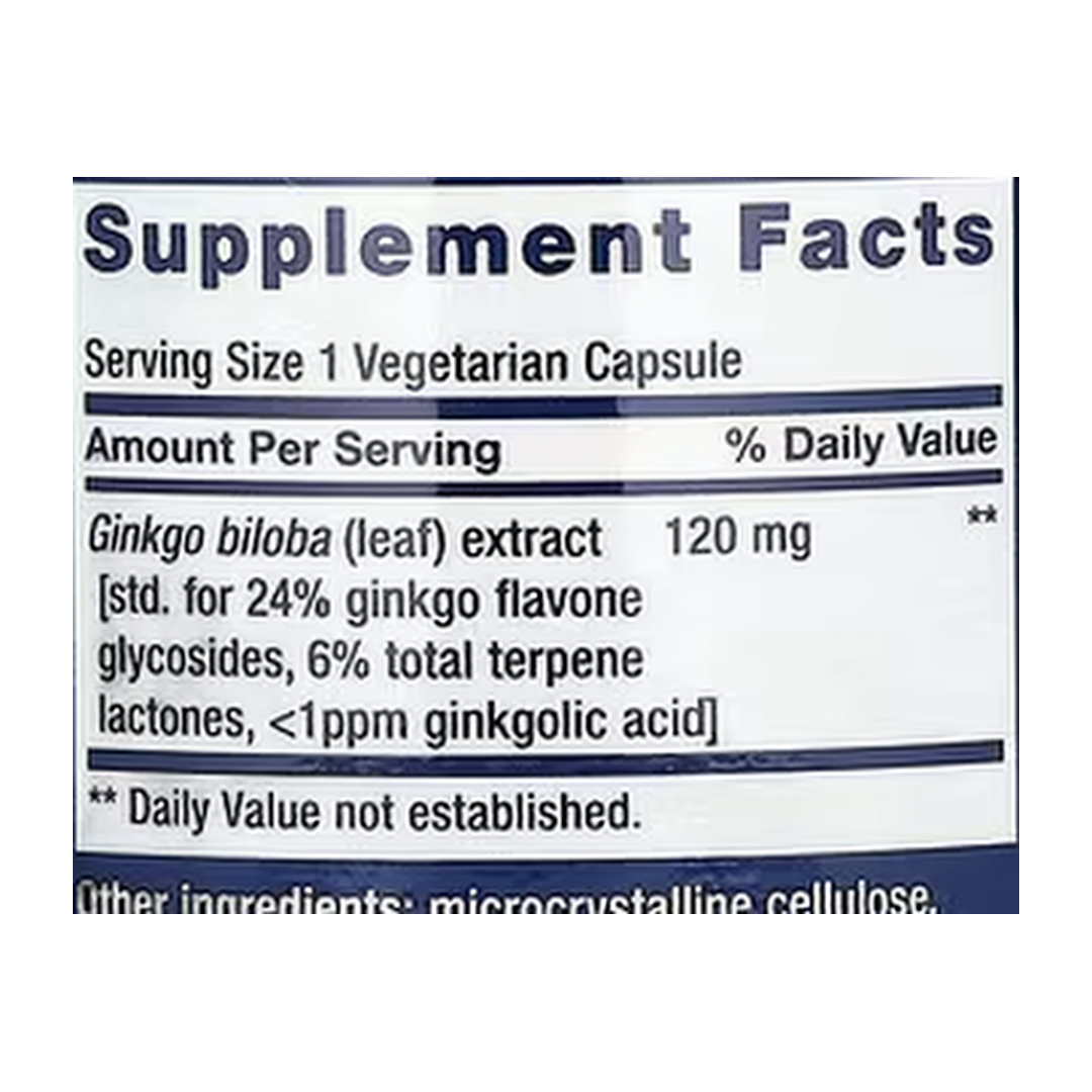 Life Extension, Ginkgo Biloba, Certified Extract, 120 mg, 365 Vegetarian Capsules supplement facts label showing ingredients, vitamins, minerals, and serving information
