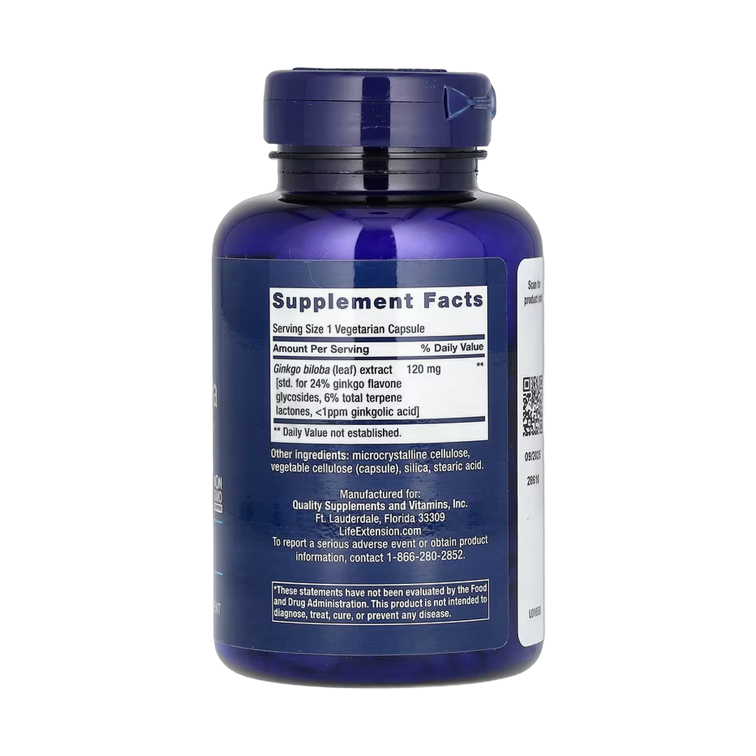 Life Extension, Ginkgo Biloba, Certified Extract, 120 mg, 365 Vegetarian Capsules back packaging view
