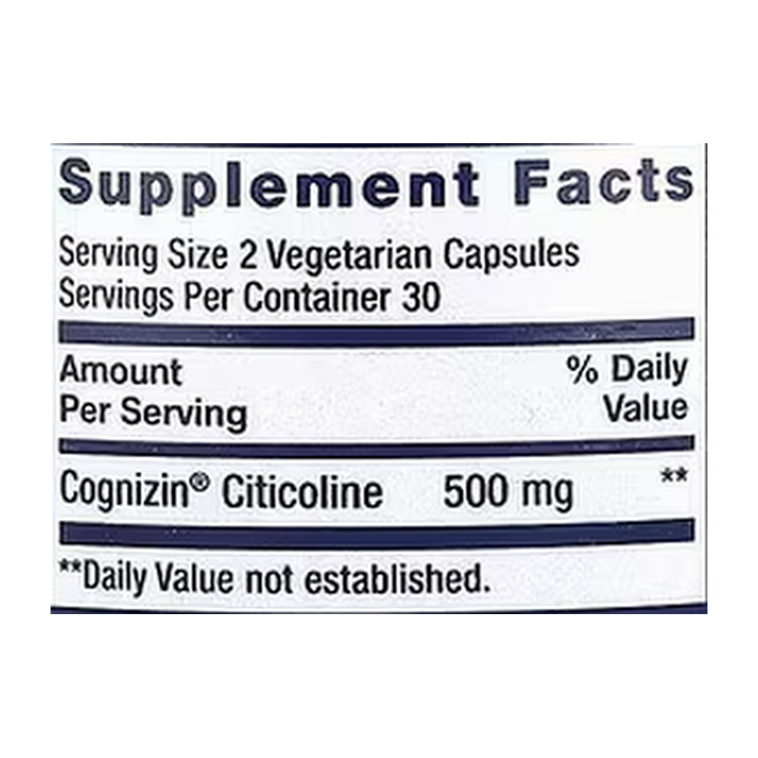 Life Extension, Citicoline (CDP-Choline), 60 Vegetarian Capsules supplement facts label showing ingredients, vitamins, minerals, and serving information