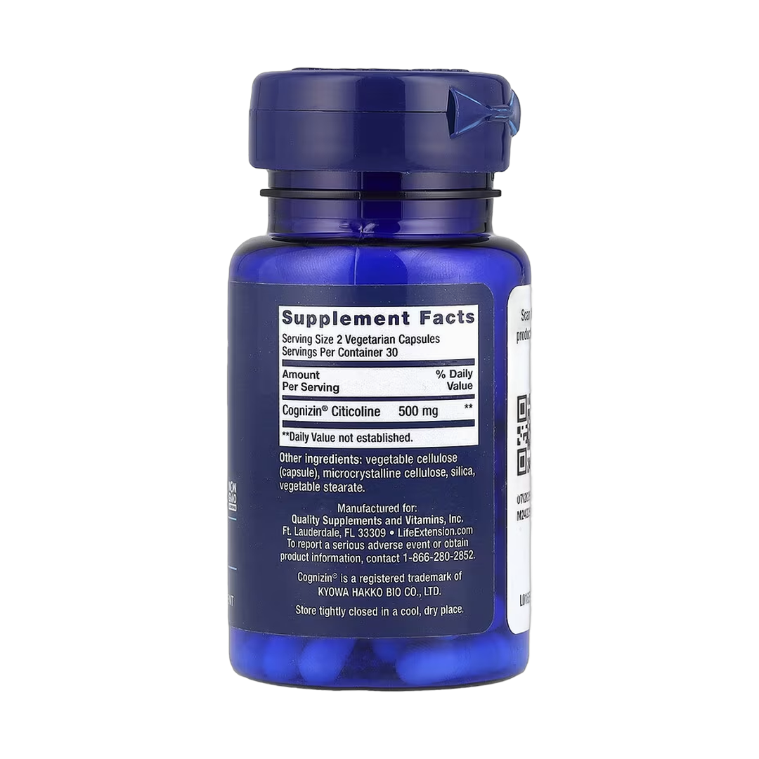 Life Extension, Citicoline (CDP-Choline), 60 Vegetarian Capsules back packaging view