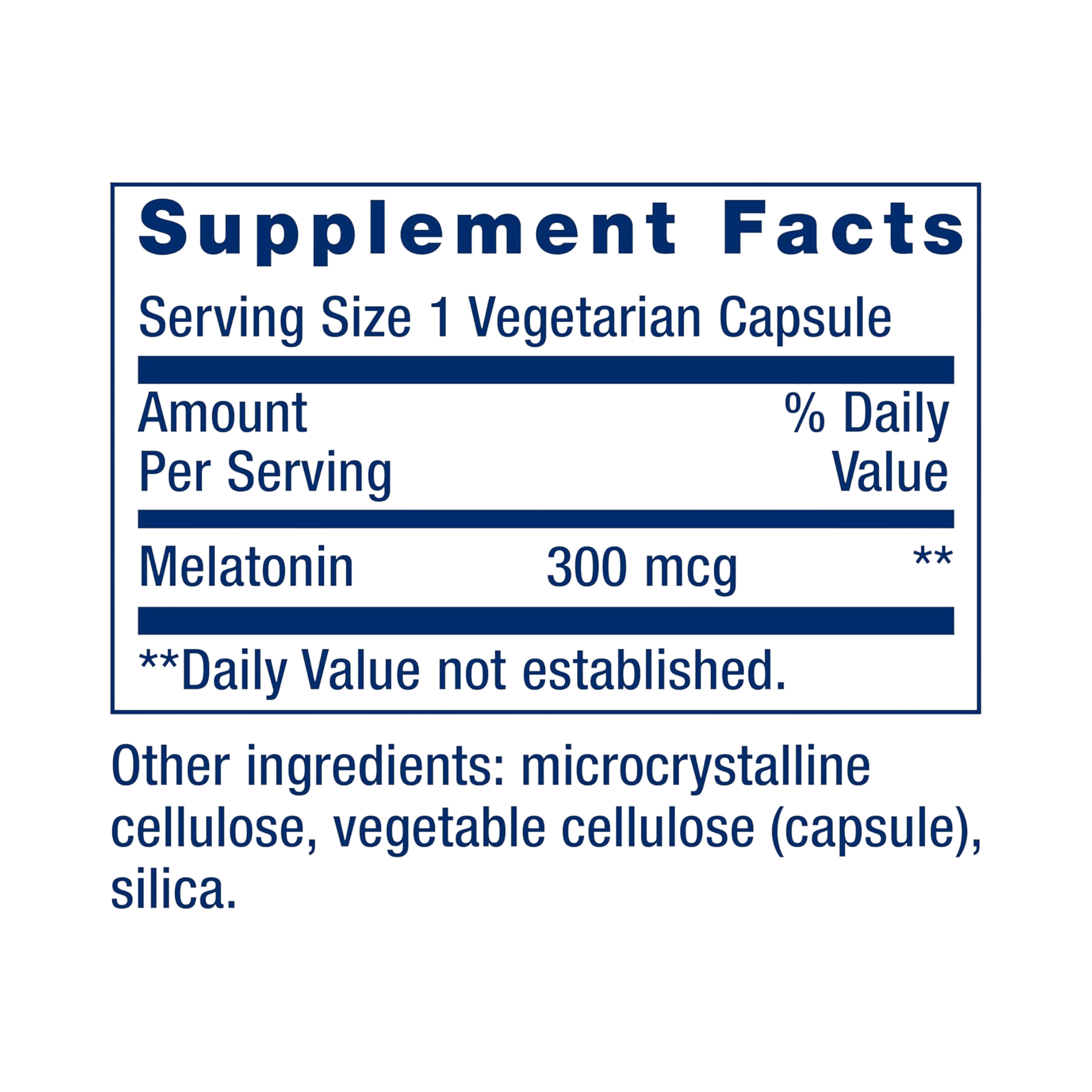 Life Extension, Melatonin, 300 mcg, 100 Vegetarian Capsules supplement facts label showing ingredients, vitamins, minerals, and serving information