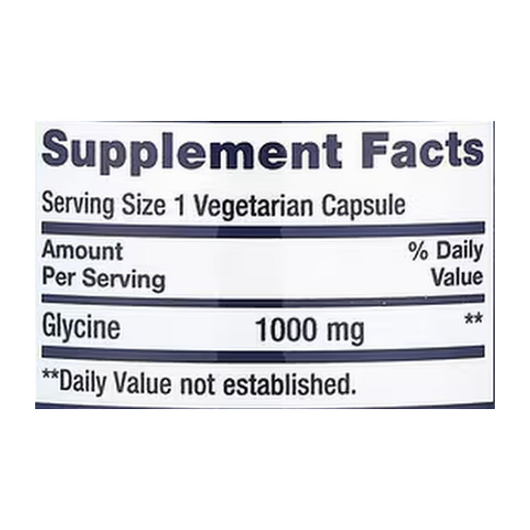 Life Extension, Glycine, 1,000 mg, 100 Vegetarian Capsules supplement facts label showing ingredients, vitamins, minerals, and serving information