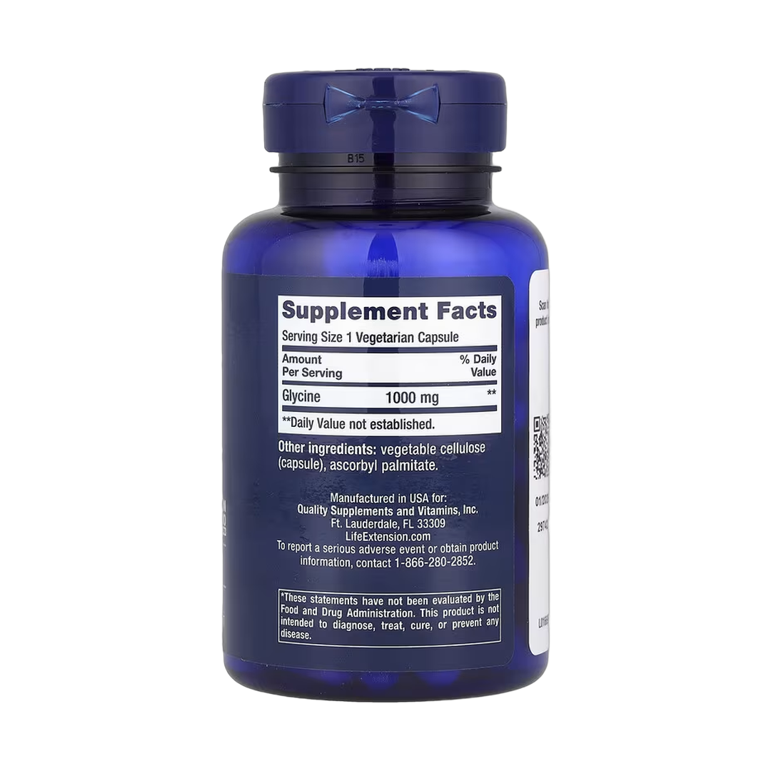 Life Extension, Glycine, 1,000 mg, 100 Vegetarian Capsules back packaging view