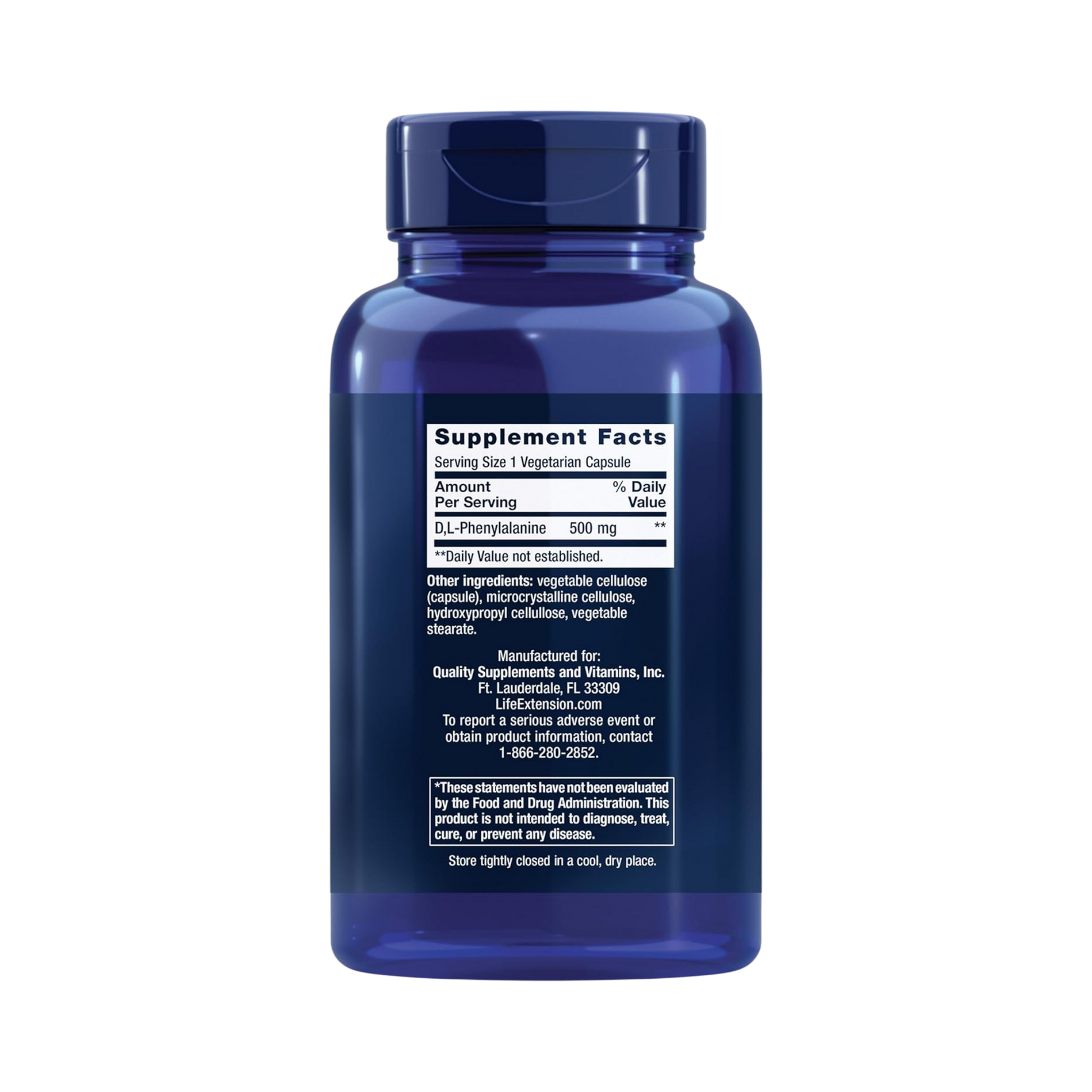 Life Extension, D, L-Phenylalanine, 500 mg, 100 Vegetarian Capsules back packaging view