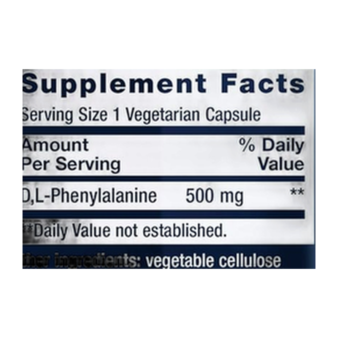 Life Extension, D, L-Phenylalanine, 500 mg, 100 Vegetarian Capsules supplement facts label showing ingredients, vitamins, minerals, and serving information