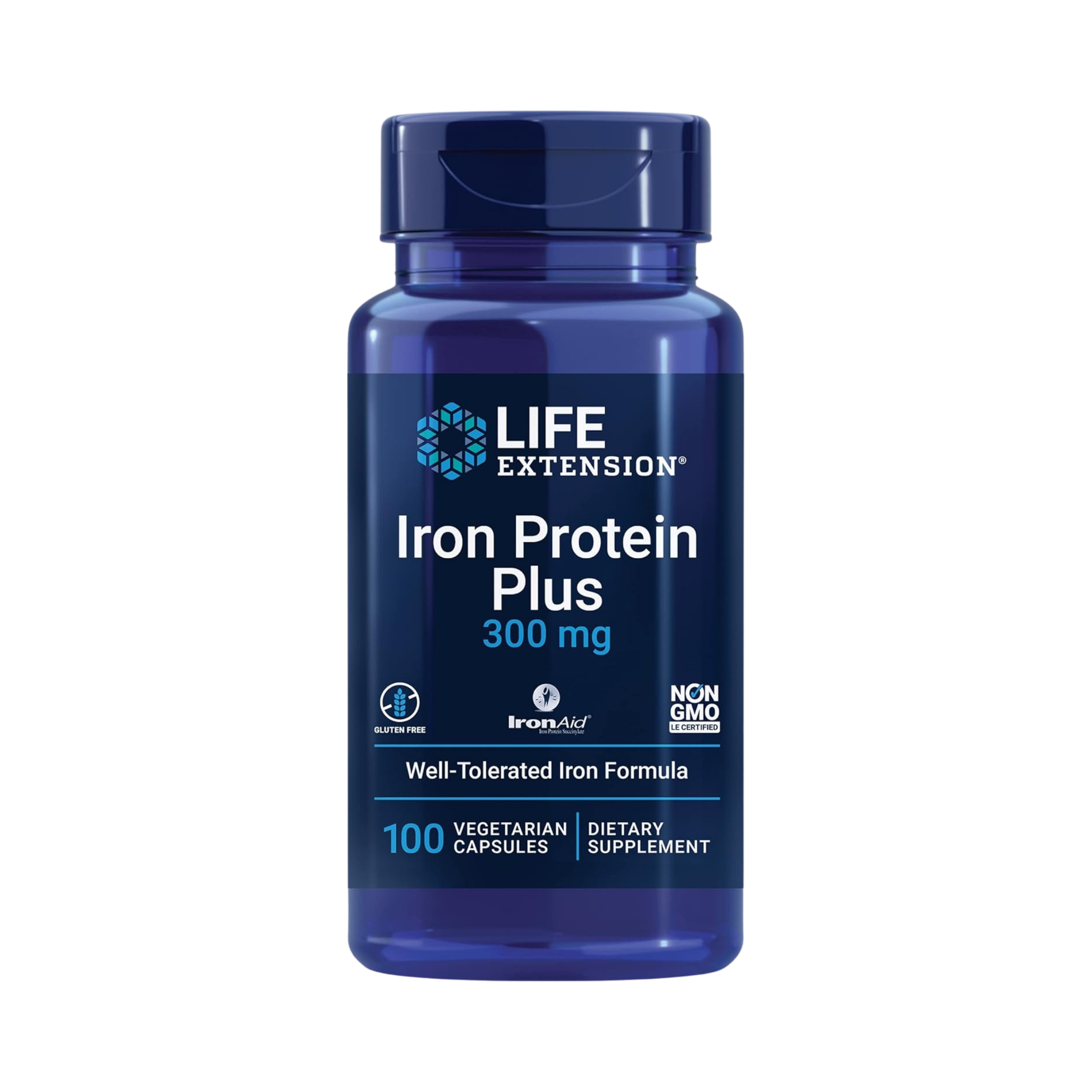 Life Extension, Iron Protein Plus, IronAid, 300 mg, 100 Vegetarian Capsules front packaging view