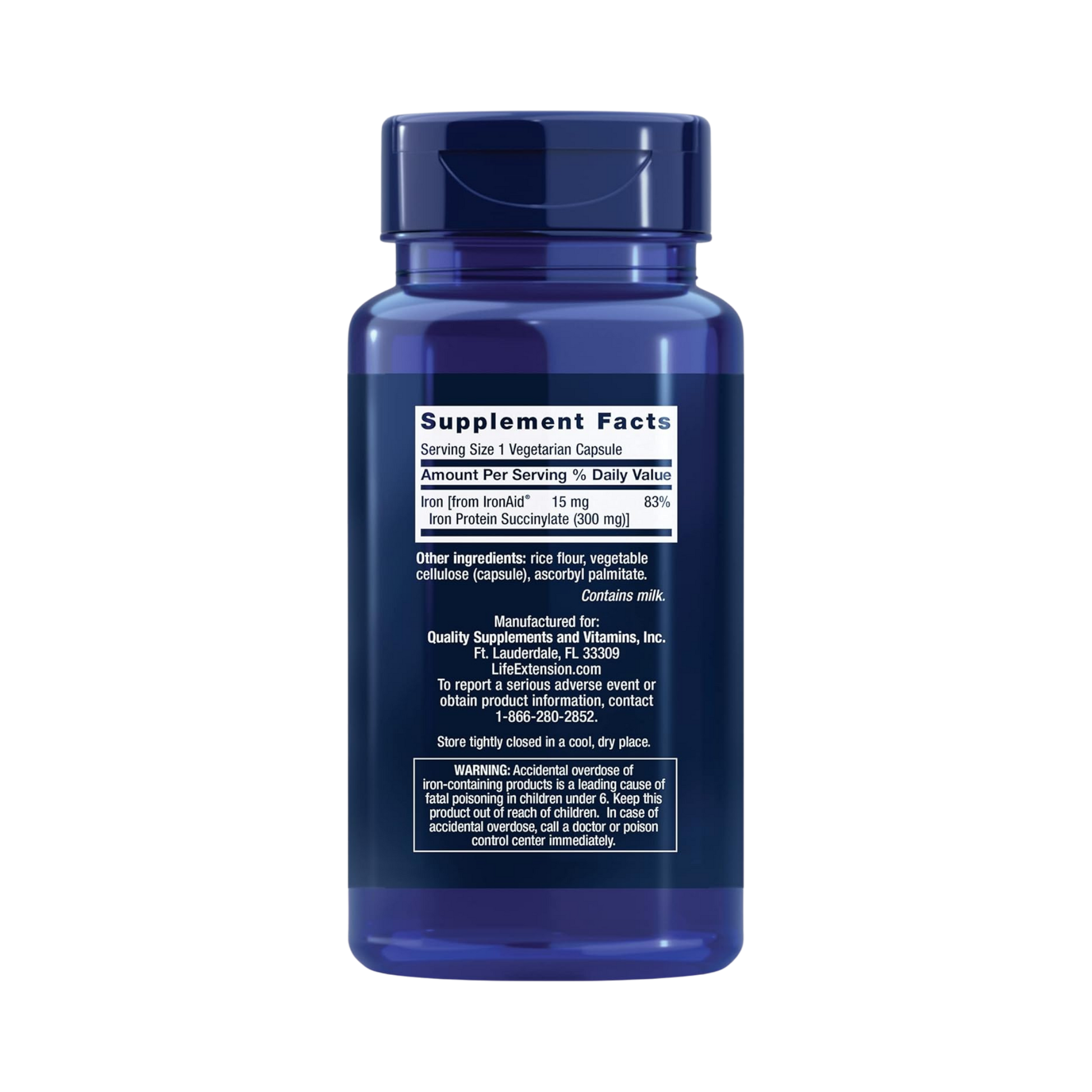 Life Extension, Iron Protein Plus, IronAid, 300 mg, 100 Vegetarian Capsules back packaging view