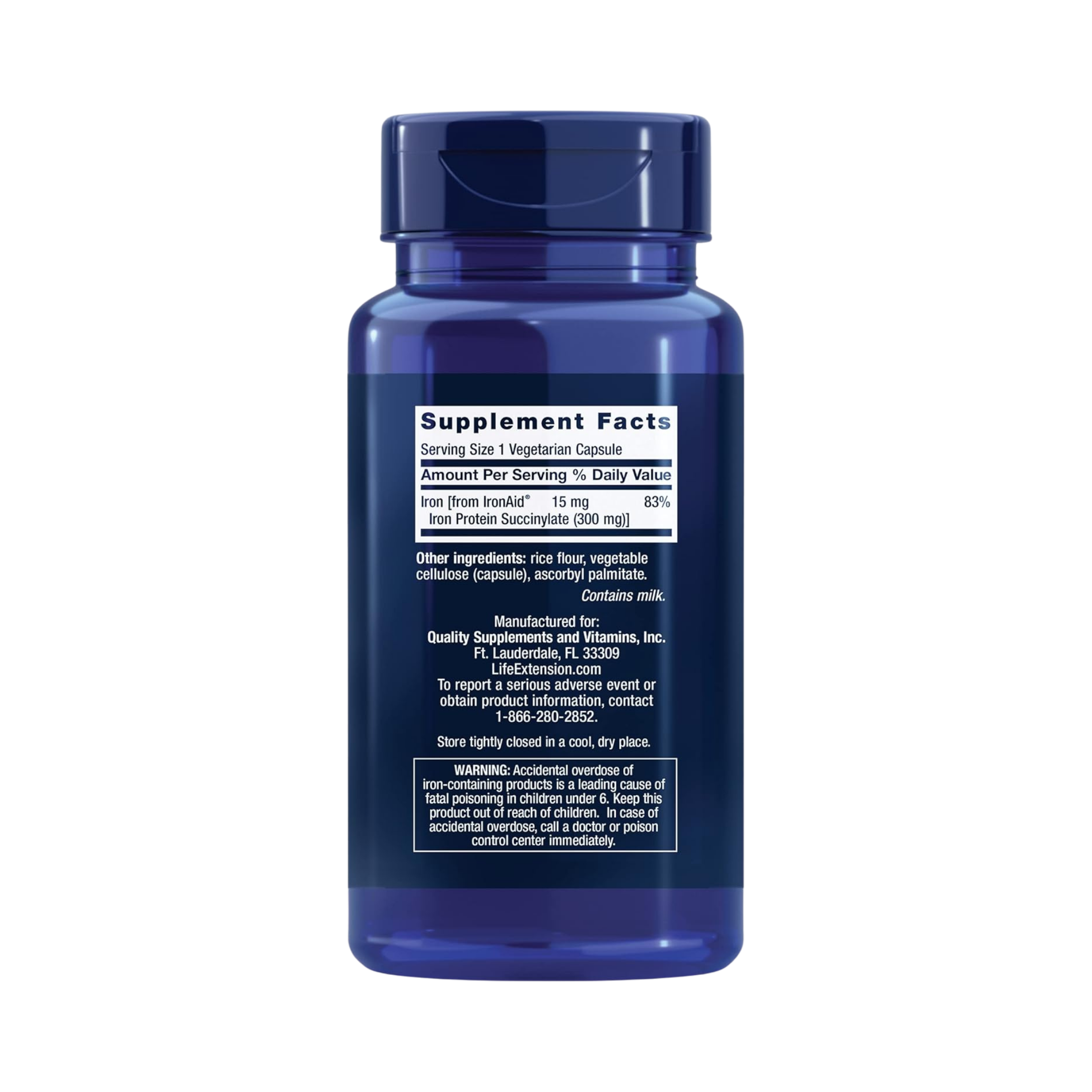 Life Extension, Iron Protein Plus, IronAid, 300 mg, 100 Vegetarian Capsules back packaging view