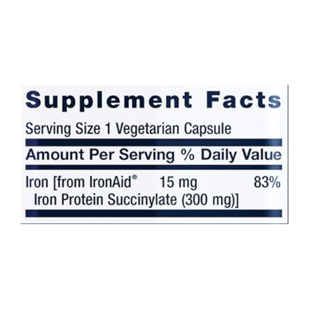 Life Extension, Iron Protein Plus, IronAid, 300 mg, 100 Vegetarian Capsules supplement facts label showing ingredients, vitamins, minerals, and serving information