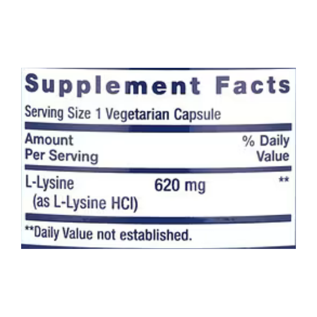Life Extension, L-Lysine, 620 mg, 100 Vegetarian Capsules supplement facts label showing ingredients, vitamins, minerals, and serving information