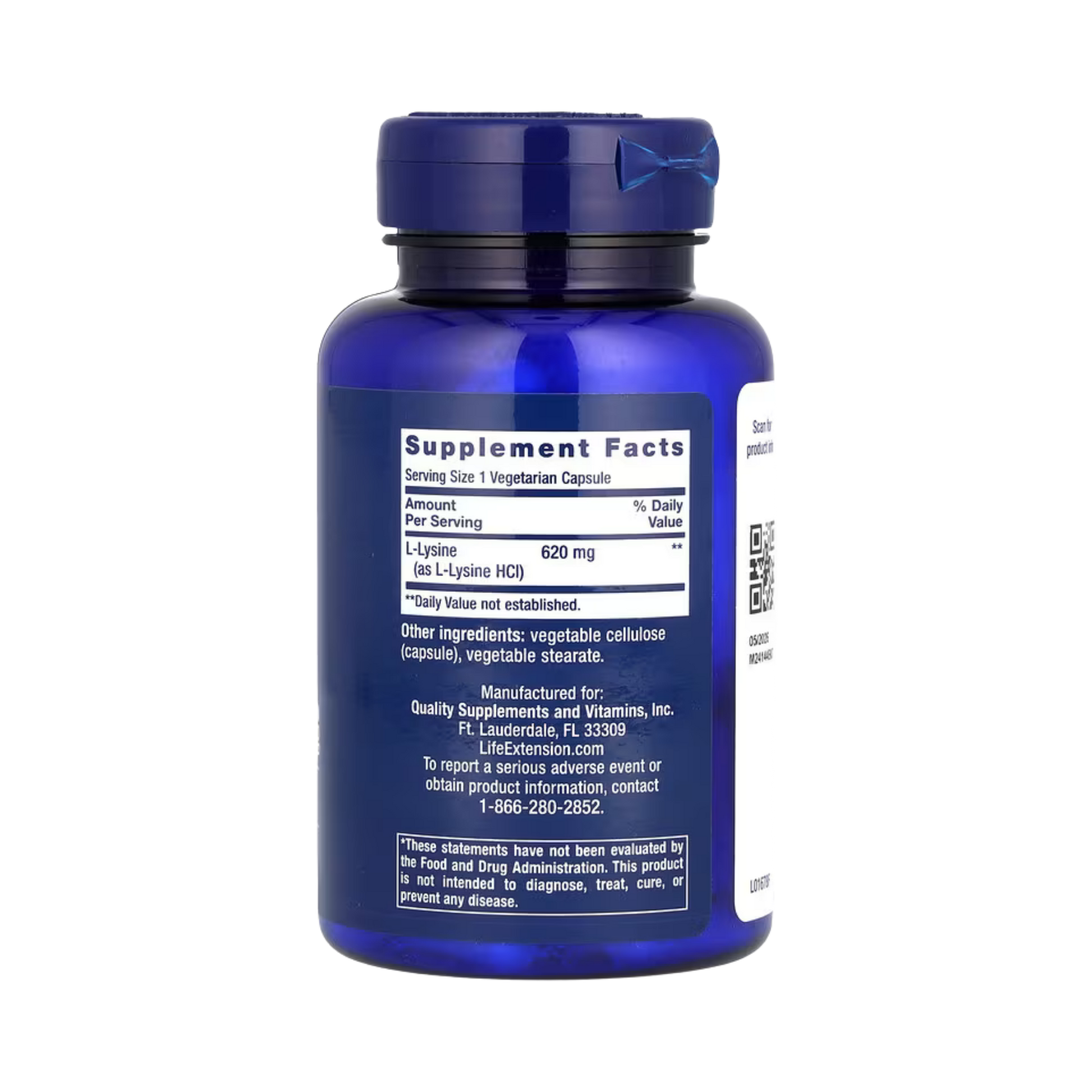 Life Extension, L-Lysine, 620 mg, 100 Vegetarian Capsules back packaging view