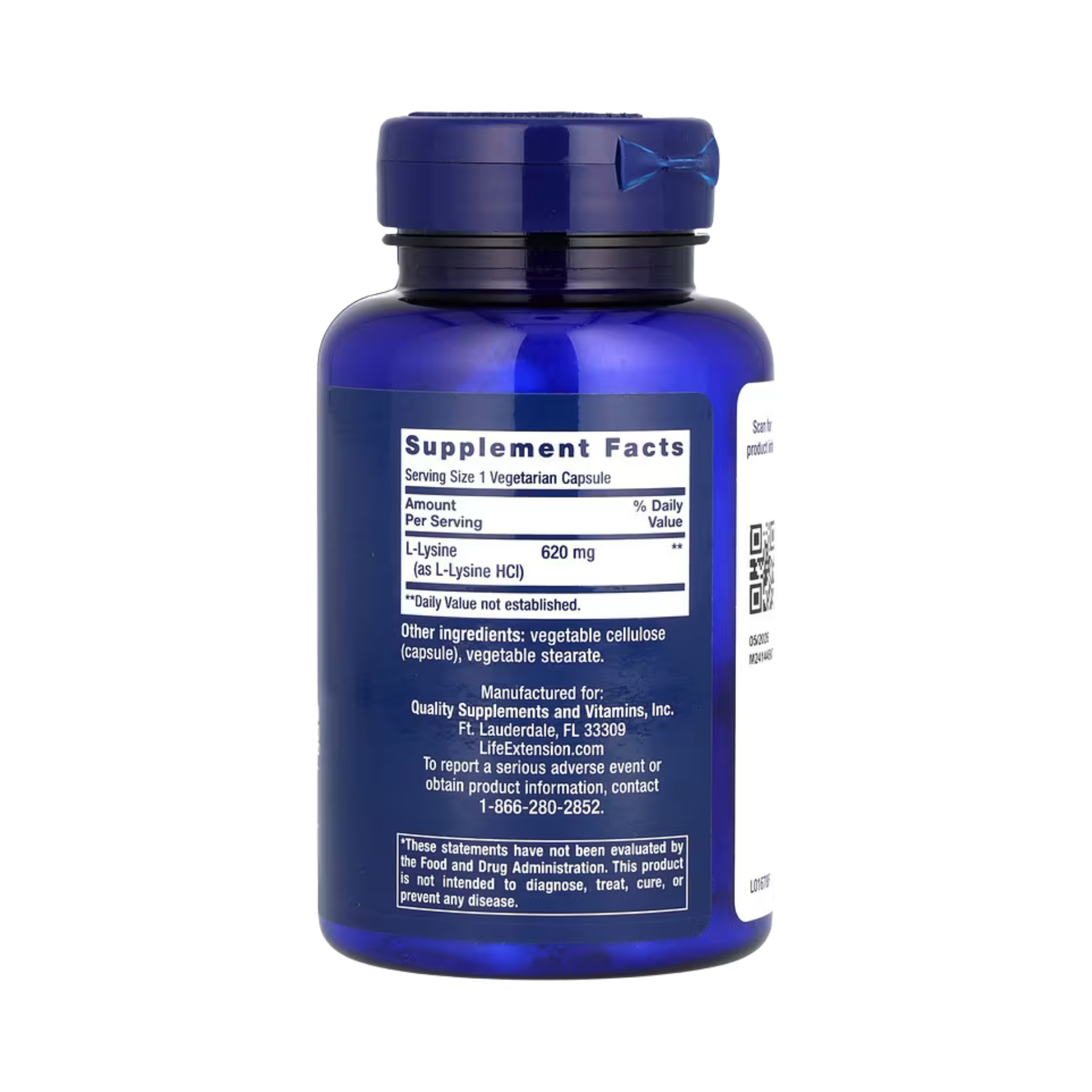 Life Extension, L-Lysine, 620 mg, 100 Vegetarian Capsules back packaging view