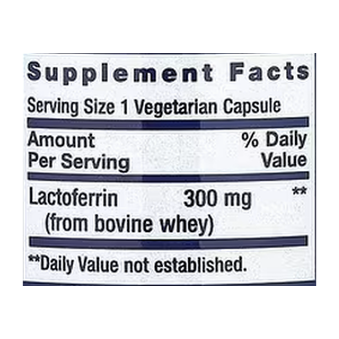 Life Extension, Lactoferrin Caps, 60 Vegetarian Capsules supplement facts label showing ingredients, vitamins, minerals, and serving information