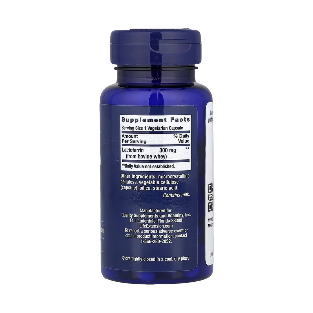 Life Extension, Lactoferrin Caps, 60 Vegetarian Capsules back packaging view