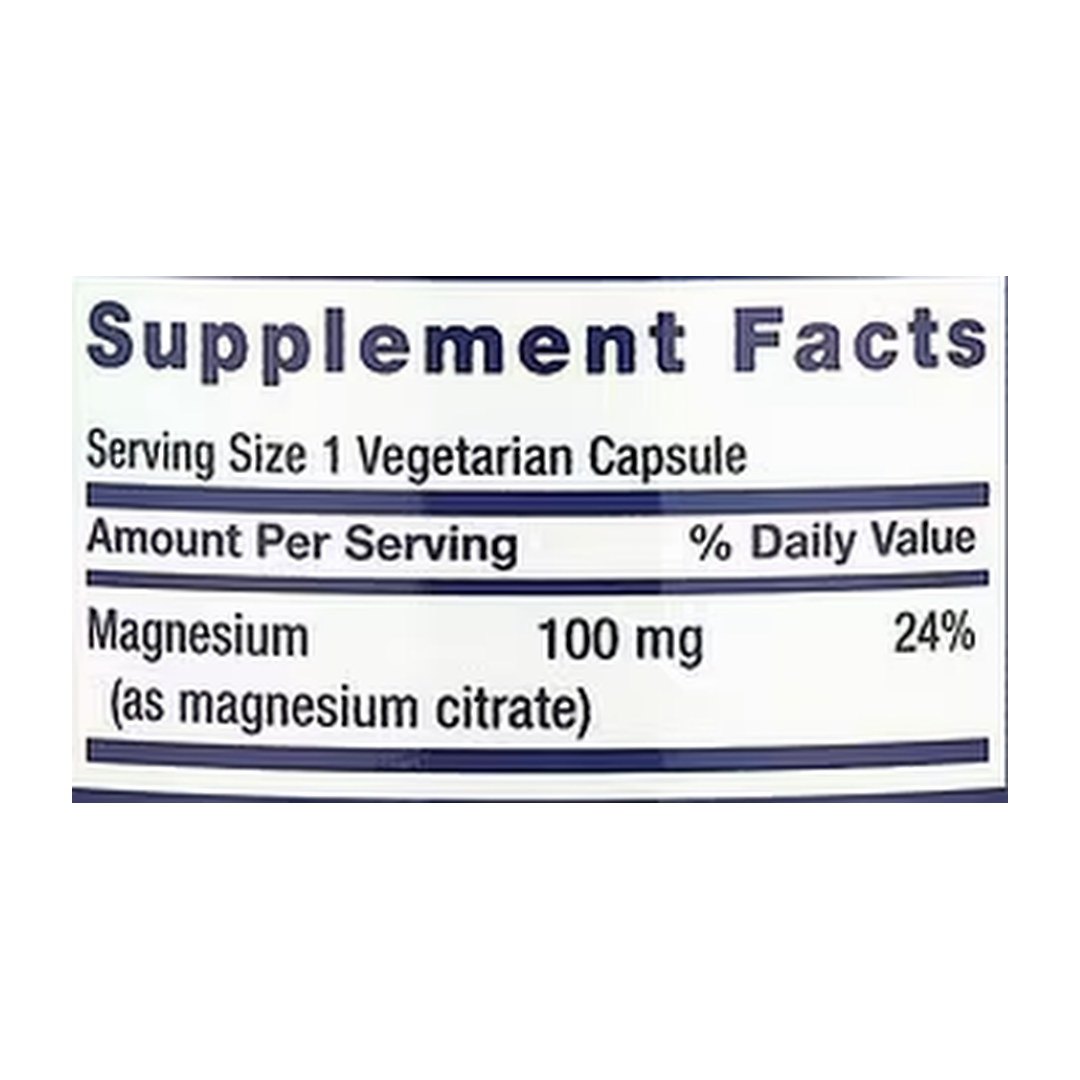 Life Extension, Magnesium (Citrate), 100 mg, 100 Vegetarian Capsules supplement facts label showing ingredients, vitamins, minerals, and serving information