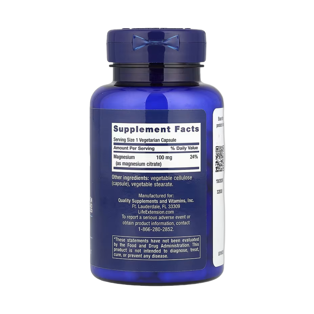 Life Extension, Magnesium (Citrate), 100 mg, 100 Vegetarian Capsules back packaging view