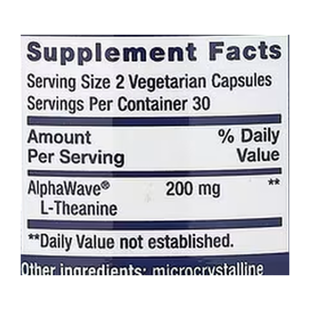 Life Extension, L-Theanine, 60 Vegetarian Capsules supplement facts label showing ingredients, vitamins, minerals, and serving information