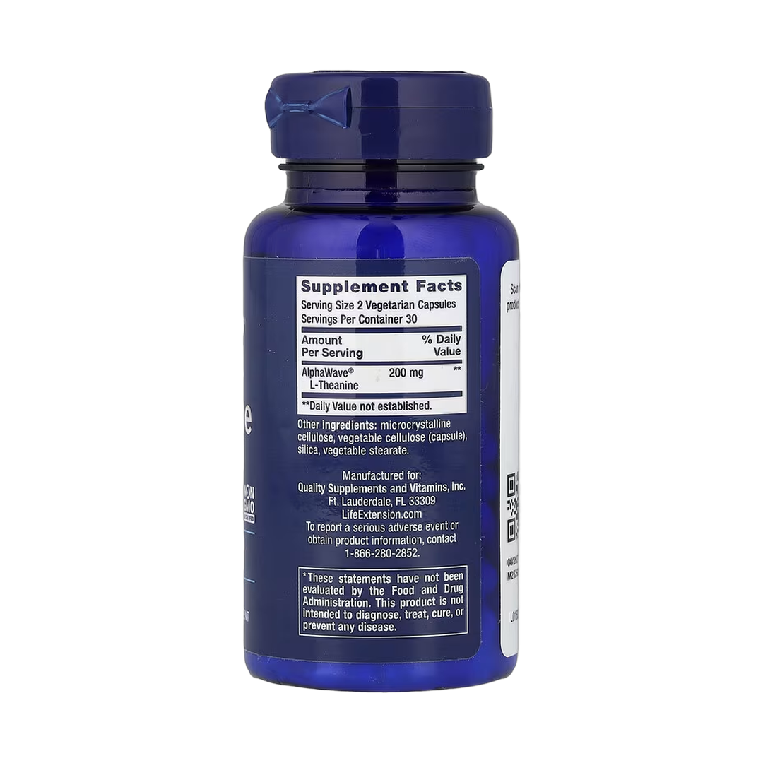 Life Extension, L-Theanine, 60 Vegetarian Capsules back packaging view