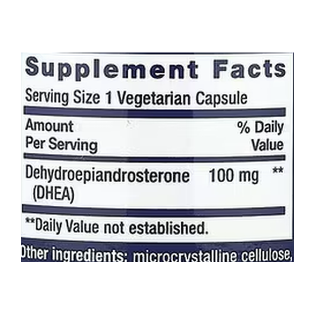 Life Extension, DHEA, 100 mg, 60 Vegetarian Capsules supplement facts label showing ingredients, vitamins, minerals, and serving information