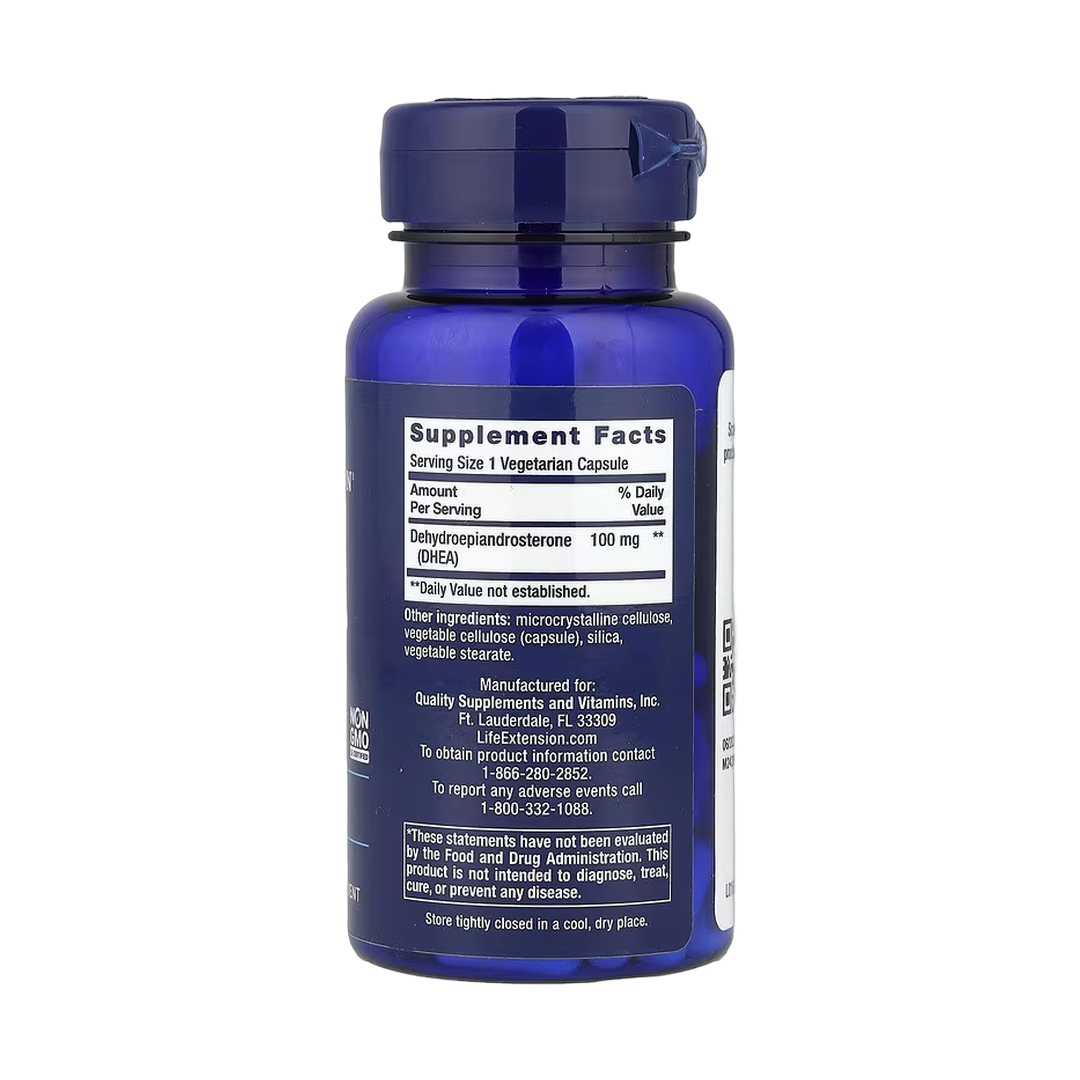 Life Extension, DHEA, 100 mg, 60 Vegetarian Capsules back packaging view