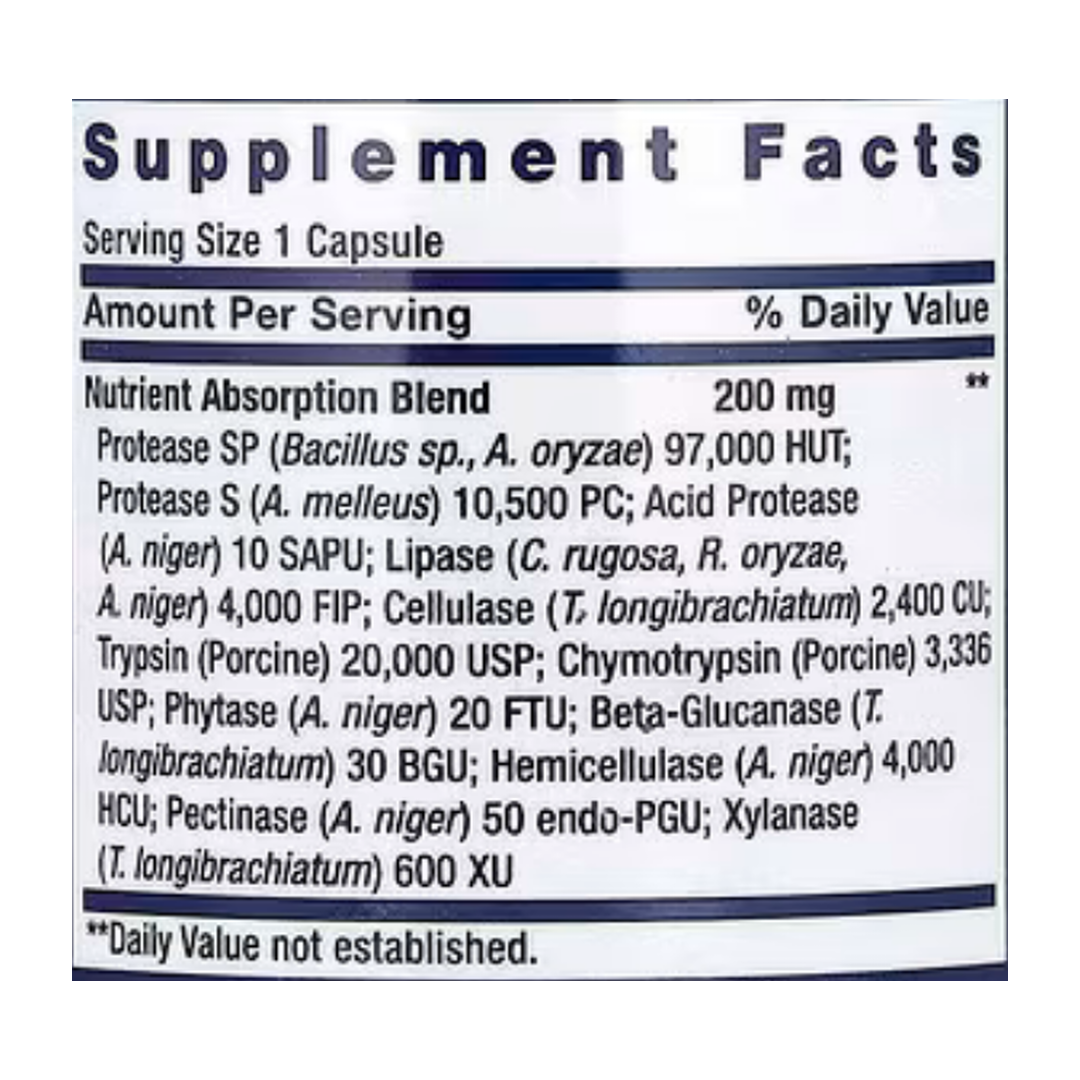 Life Extension, Extraordinary Enzymes, 60 Capsules supplement facts label showing ingredients, vitamins, minerals, and serving information