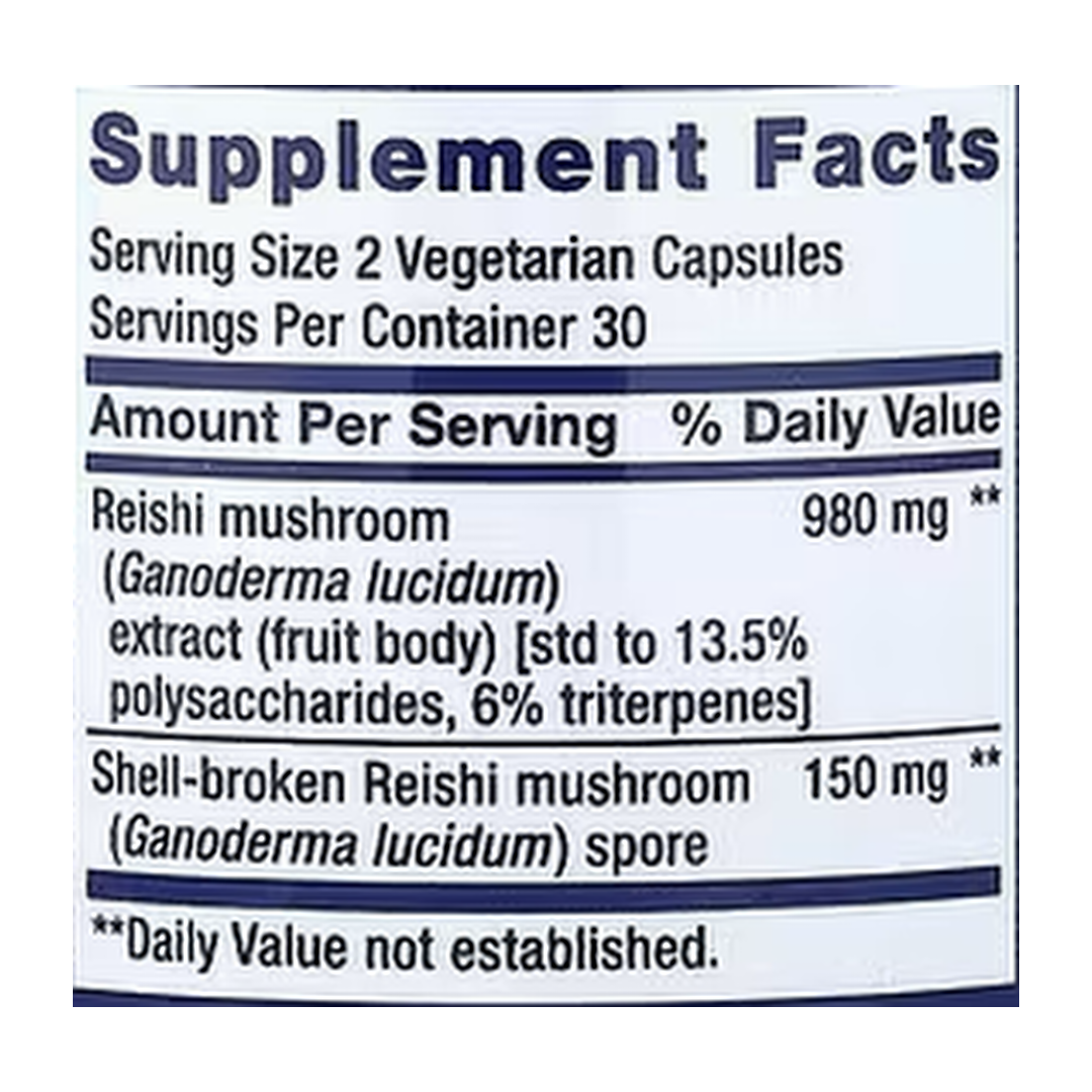 Life Extension, Reishi Extract Mushroom Complex, 60 Vegetarian Capsules supplement facts label showing ingredients, vitamins, minerals, and serving information