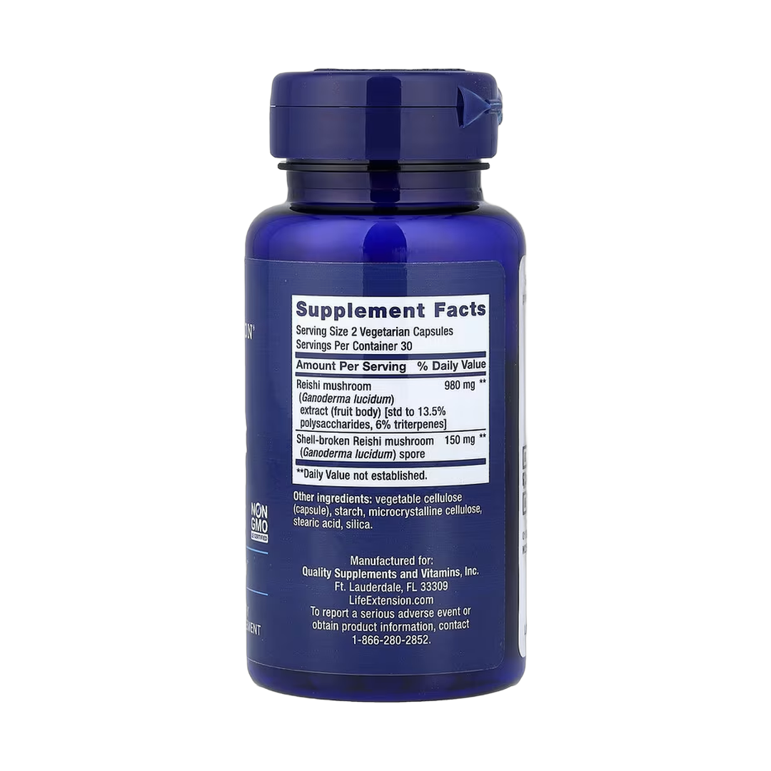 Life Extension, Reishi Extract Mushroom Complex, 60 Vegetarian Capsules back packaging view