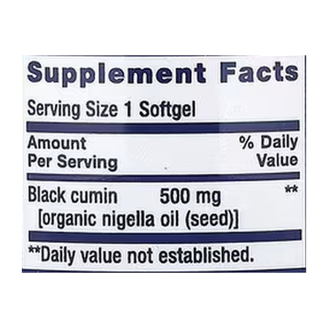 Life Extension, Black Cumin Seed Oil, 60 Softgels supplement facts label showing ingredients, vitamins, minerals, and serving information