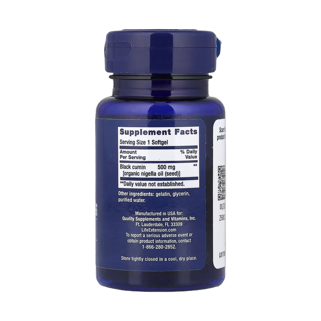 Life Extension, Black Cumin Seed Oil, 60 Softgels back packaging view