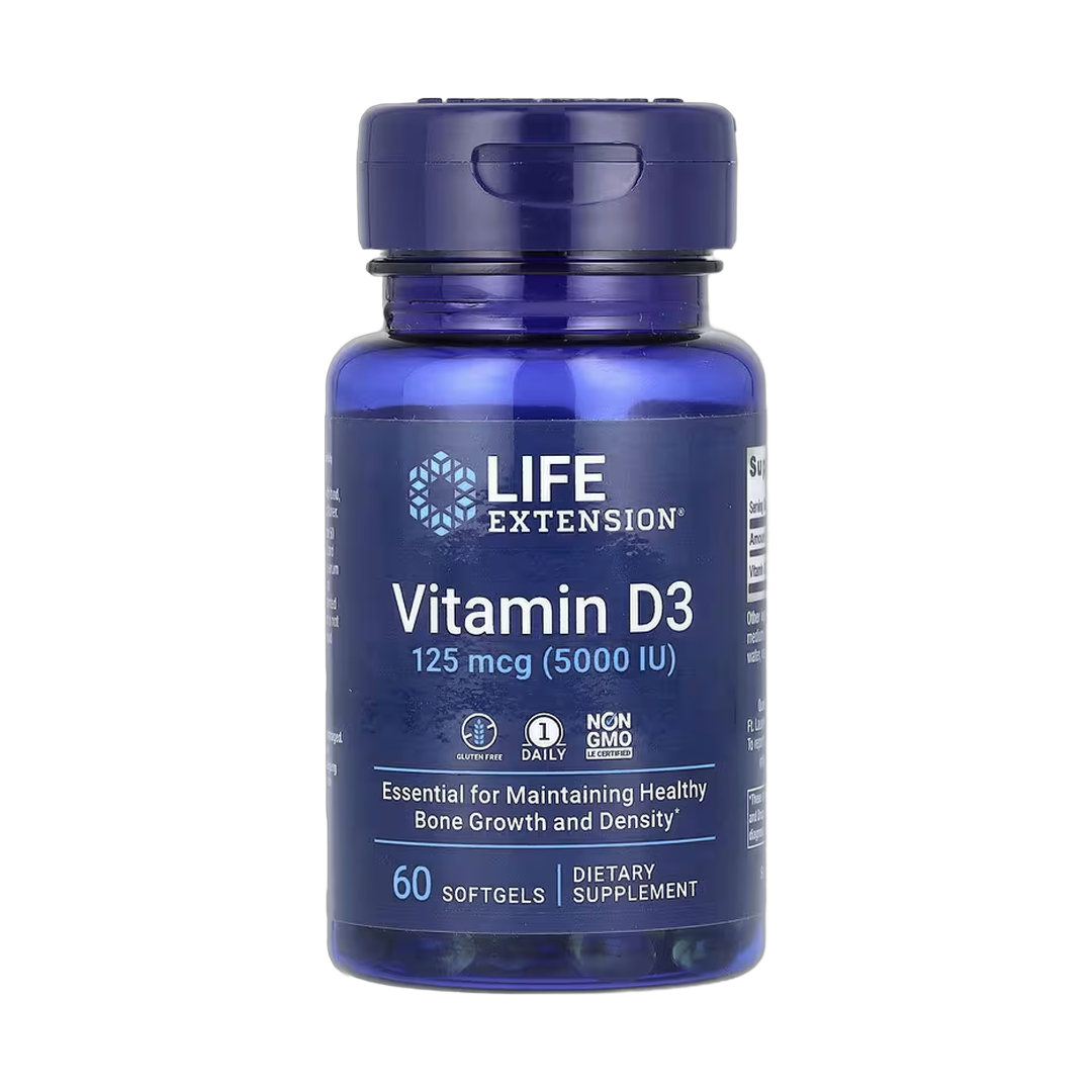 Life Extension, Vitamin D3, 125 mcg (5,000 IU), 60 Softgels front packaging view