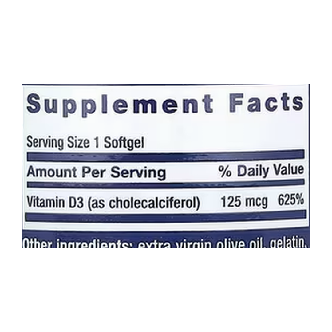 Life Extension, Vitamin D3, 125 mcg (5,000 IU), 60 Softgels supplement facts label showing ingredients, vitamins, minerals, and serving information