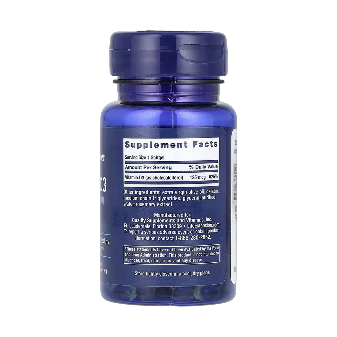 Life Extension, Vitamin D3, 125 mcg (5,000 IU), 60 Softgels back packaging view