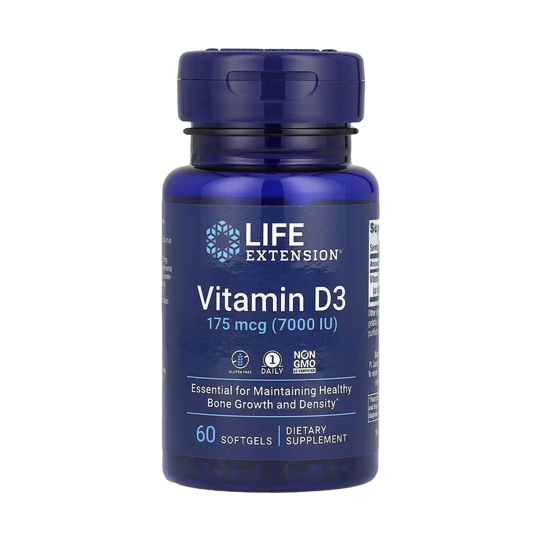 Life Extension, Vitamin D3, 175 mcg (7,000 IU), 60 Softgels front packaging view