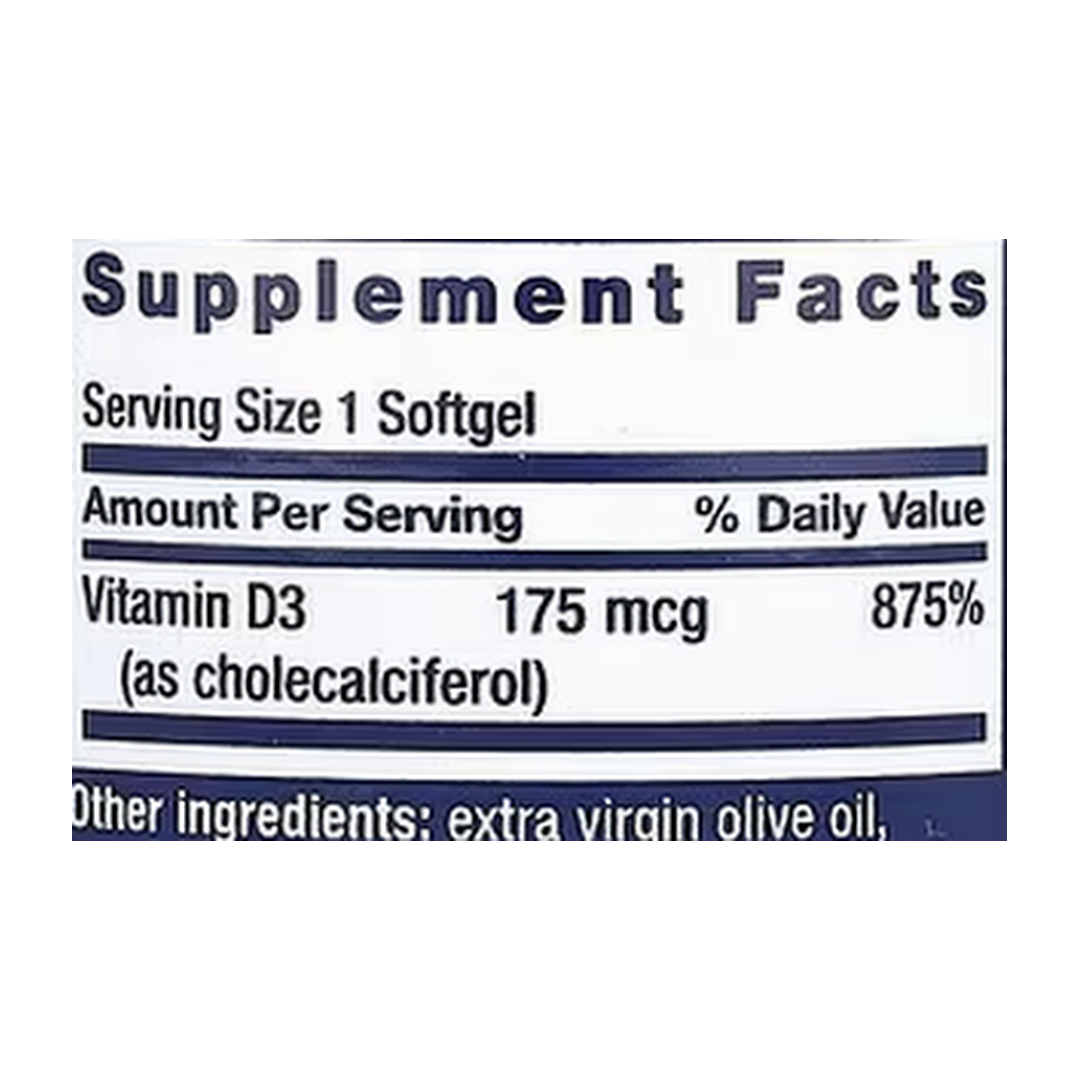 Life Extension, Vitamin D3, 175 mcg (7,000 IU), 60 Softgels supplement facts label showing ingredients, vitamins, minerals, and serving information