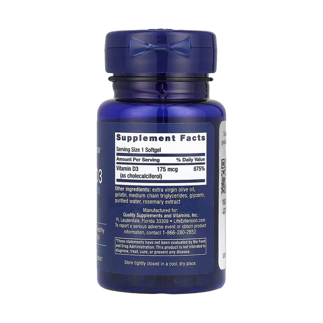 Life Extension, Vitamin D3, 175 mcg (7,000 IU), 60 Softgels back packaging view