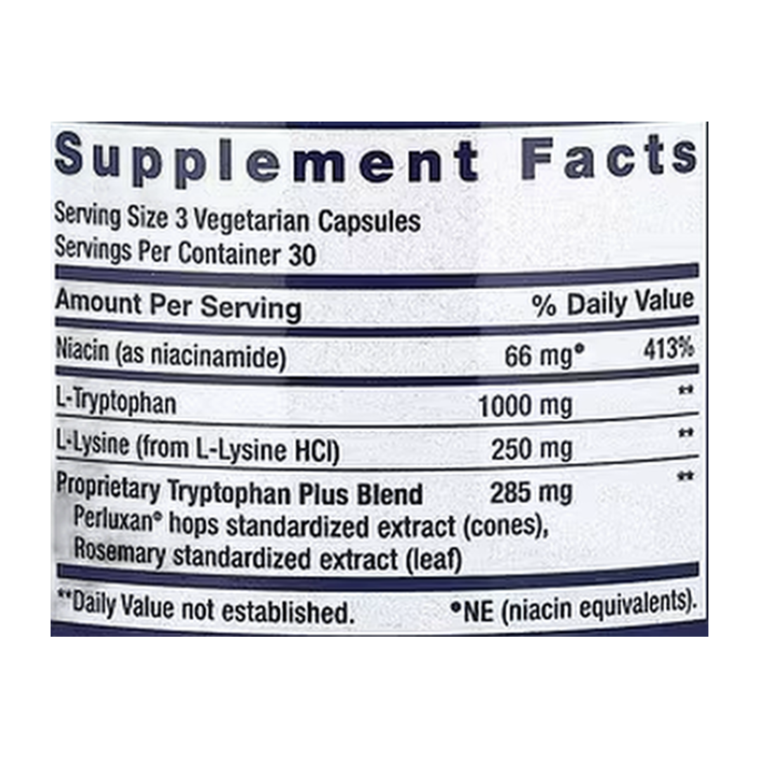 Life Extension, Optimized Tryptophan Plus, 90 Vegetarian Capsules supplement facts label showing ingredients, vitamins, minerals, and serving information