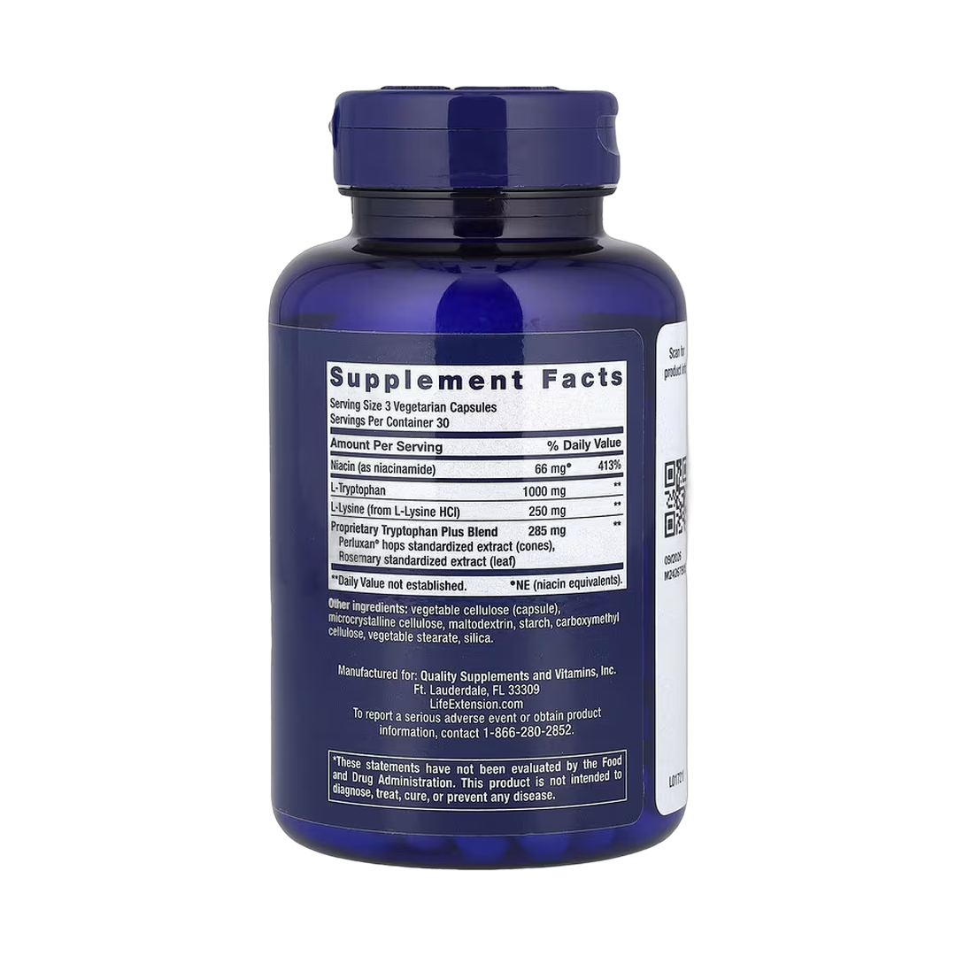 Life Extension, Optimized Tryptophan Plus, 90 Vegetarian Capsules back packaging view