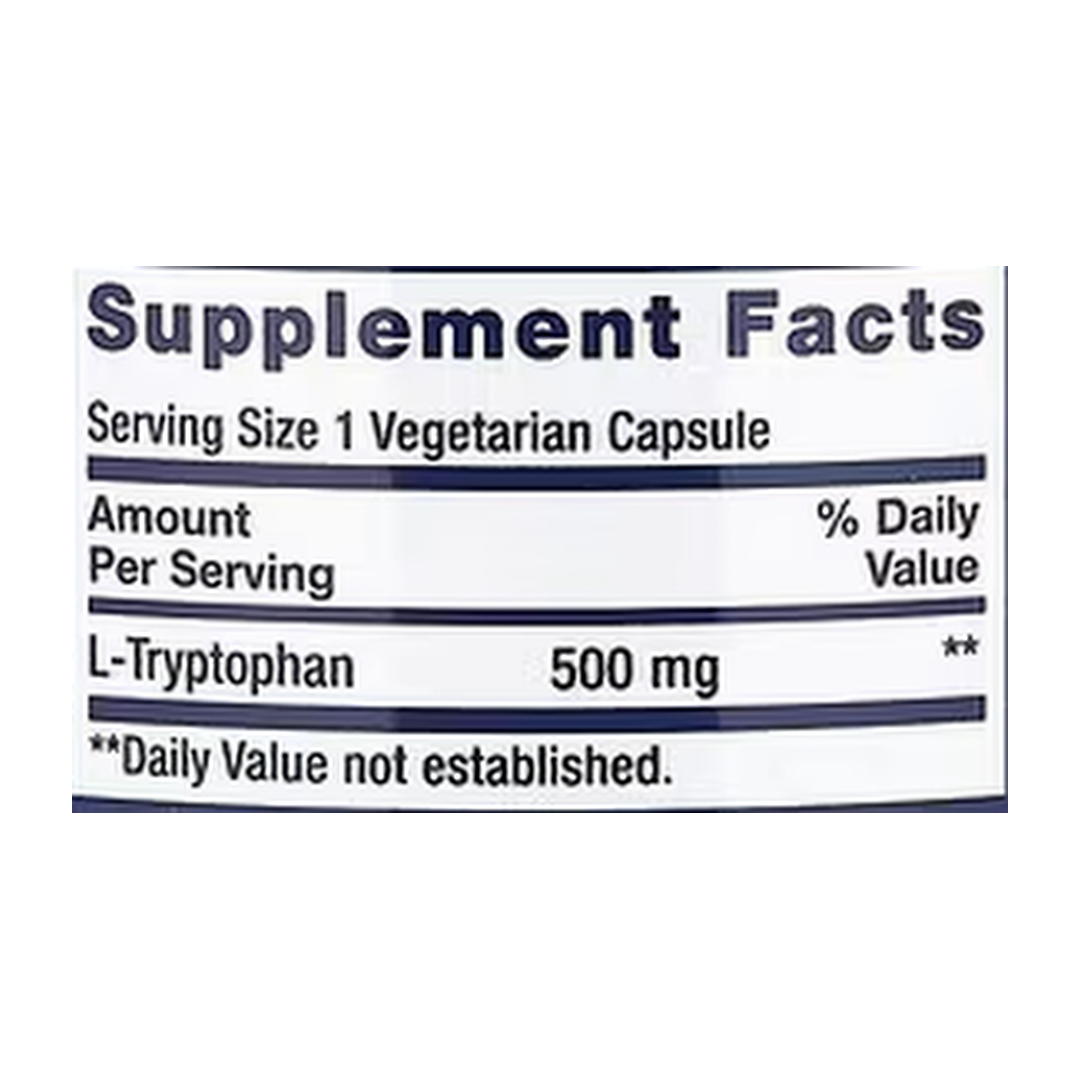 Life Extension, L-Tryptophan, 500 mg, 90 Vegetarian Capsules supplement facts label showing ingredients, vitamins, minerals, and serving information