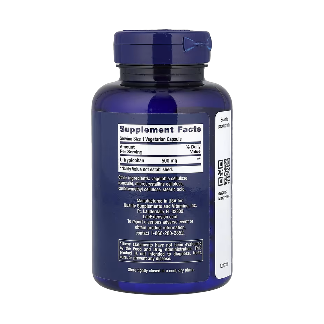 Life Extension, L-Tryptophan, 500 mg, 90 Vegetarian Capsules back packaging view