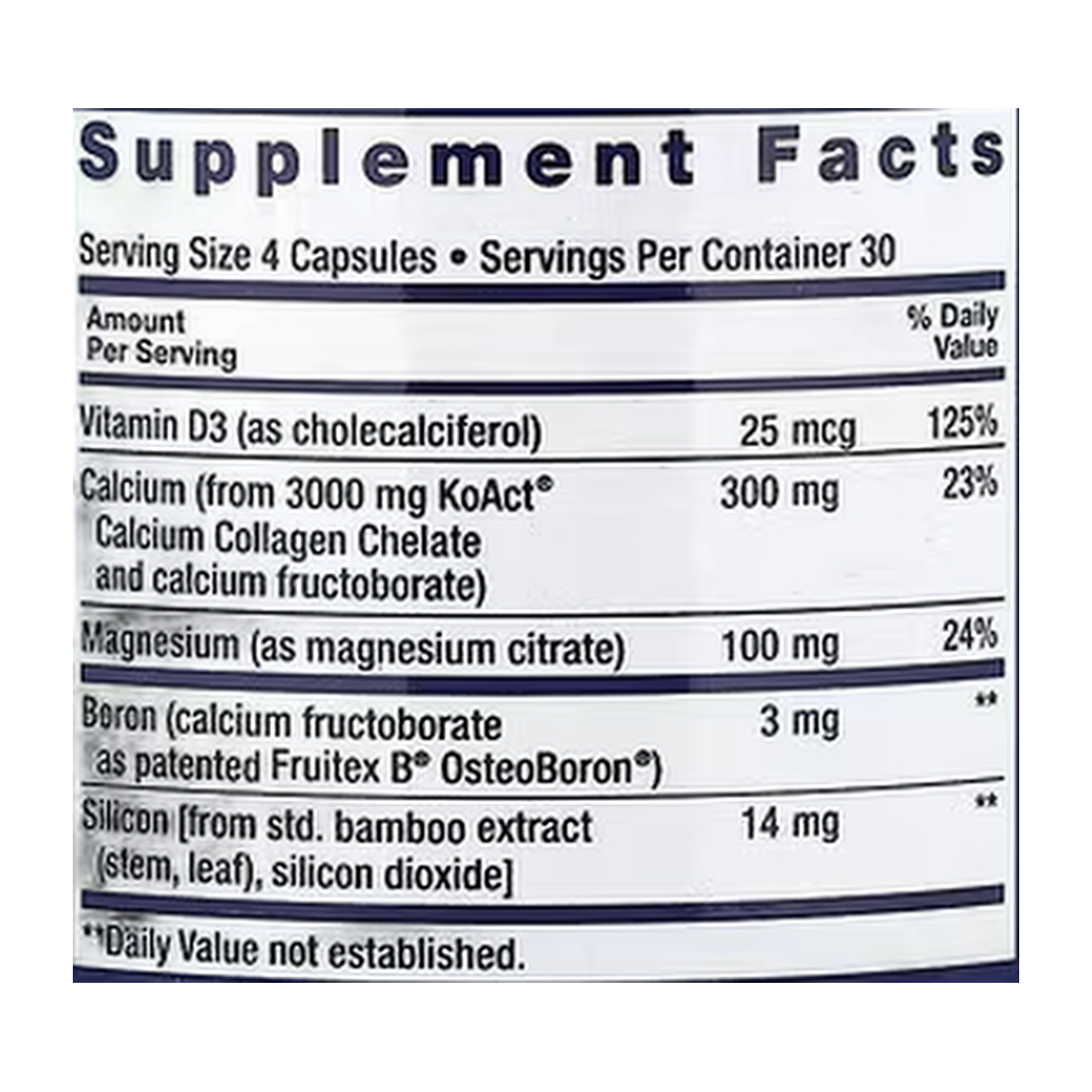 Life Extension, Bone Strength Collagen Formula, 120 Capsules supplement facts label showing ingredients, vitamins, minerals, and serving information