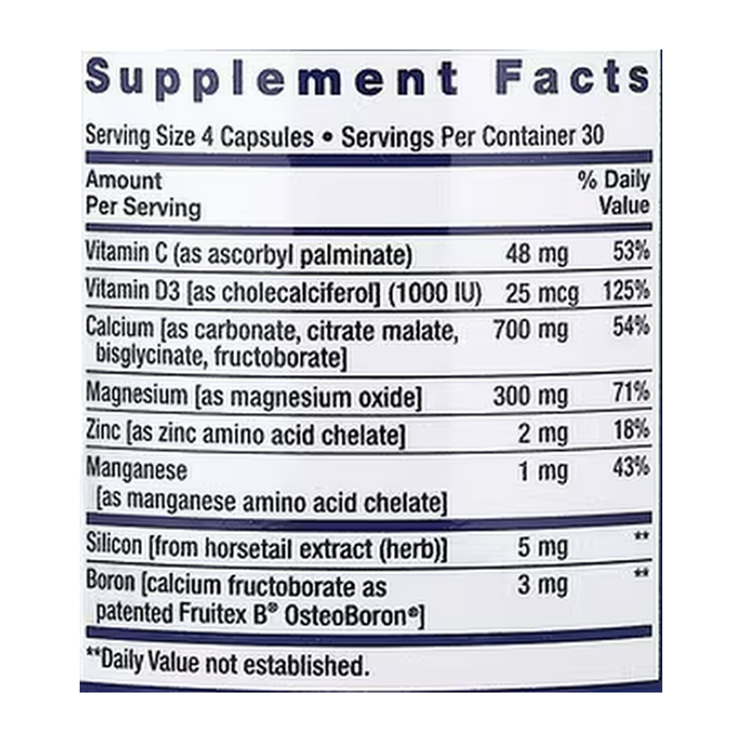 Life Extension, Bone Restore, 120 Capsules supplement facts label showing ingredients, vitamins, minerals, and serving information