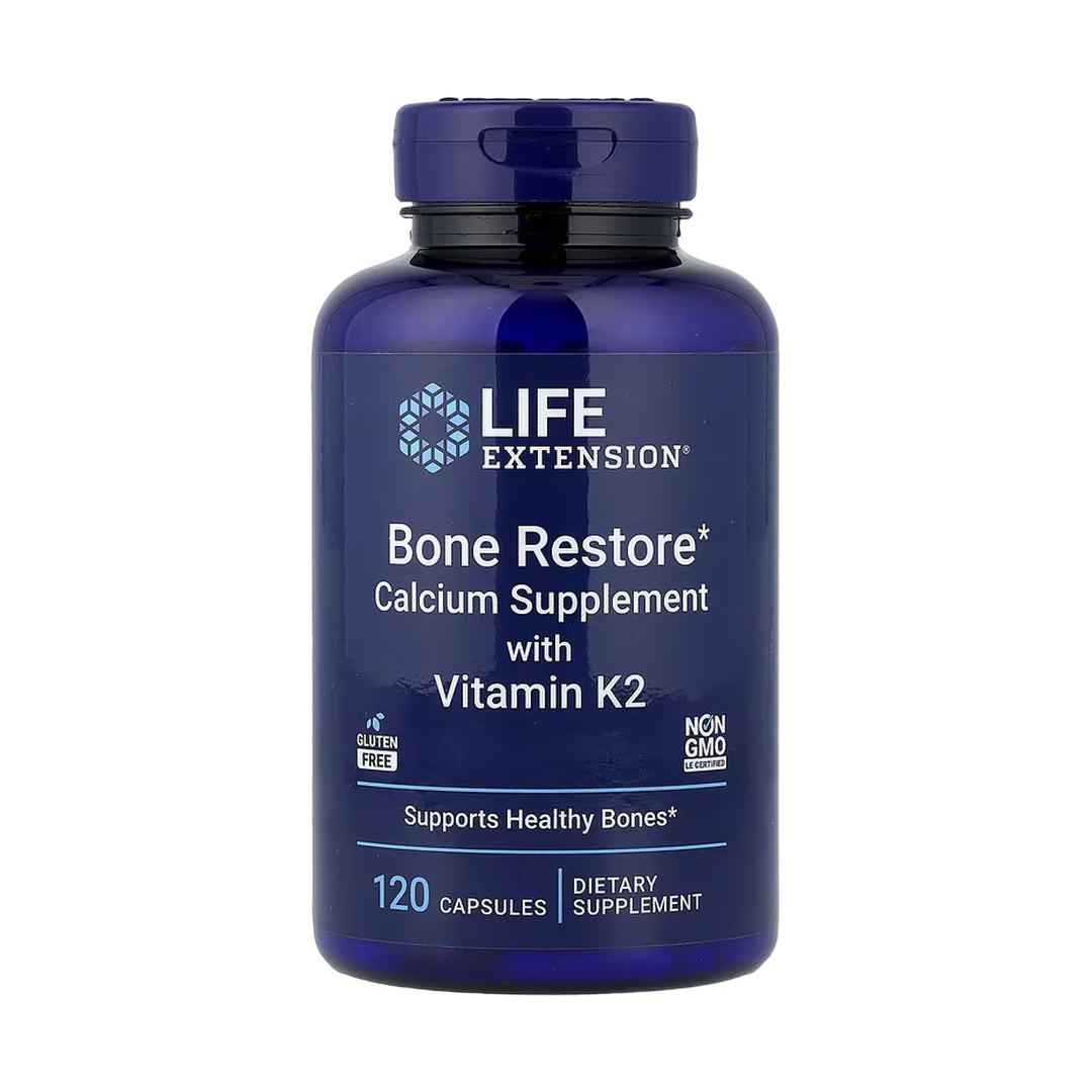 Life Extension, Bone Restore, Calcium Supplement with Vitamin K2, 120 Capsules front packaging view
