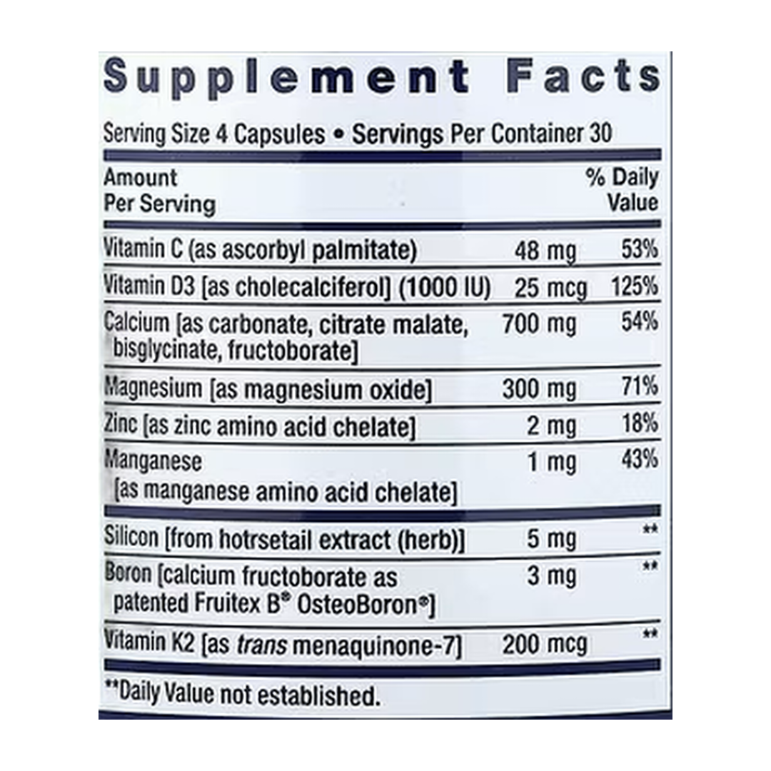 Life Extension, Bone Restore, Calcium Supplement with Vitamin K2, 120 Capsules supplement facts label showing ingredients, vitamins, minerals, and serving information