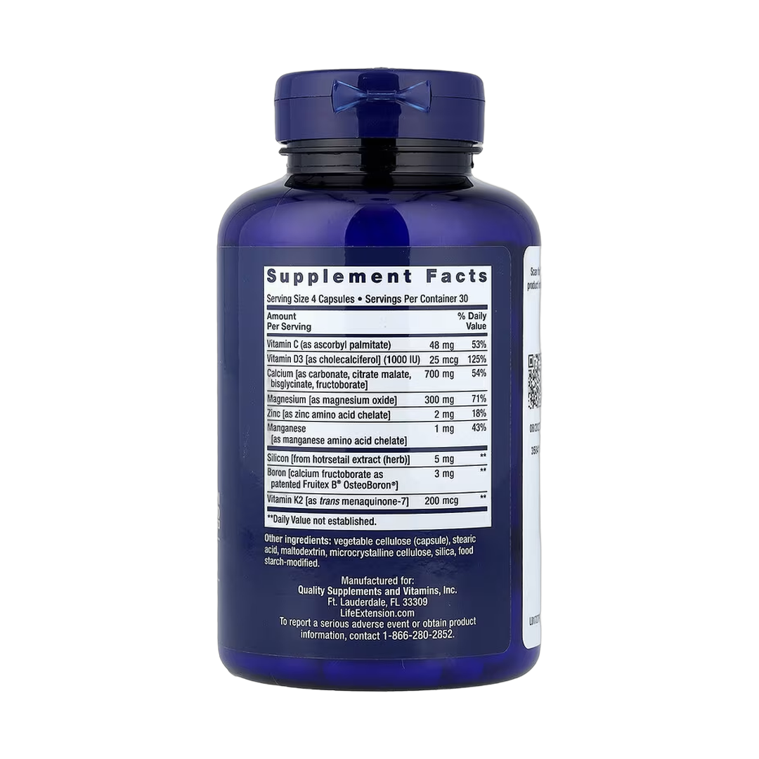 Life Extension, Bone Restore, Calcium Supplement with Vitamin K2, 120 Capsules back packaging view