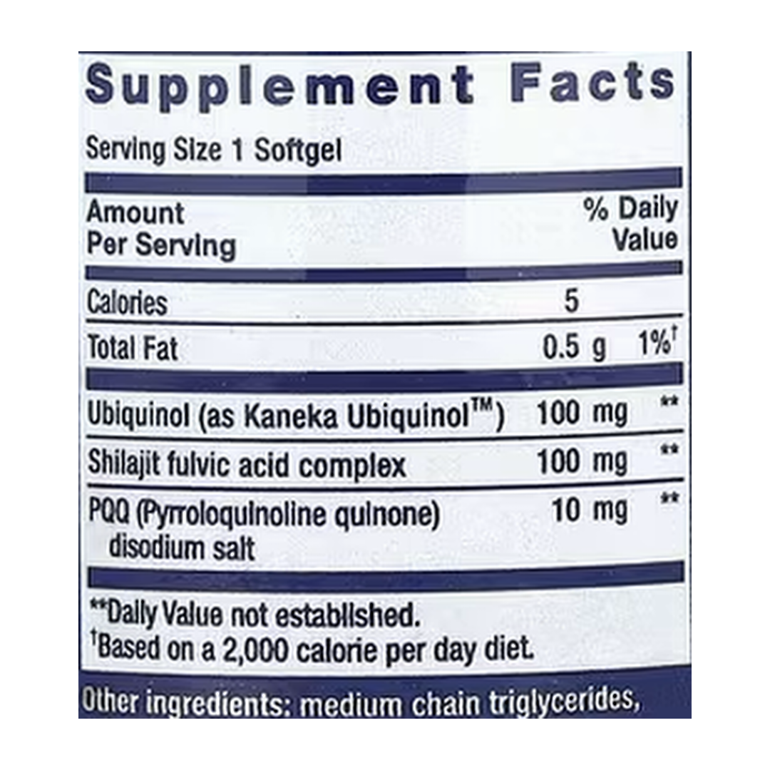 Life Extension, Super Ubiquinol CoQ10 with PQQ, 100 mg, 30 Softgels supplement facts label showing ingredients, vitamins, minerals, and serving information