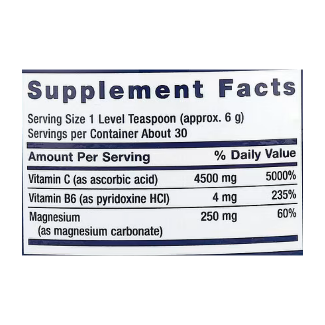 Life Extension, Effervescent Vitamin C, Magnesium Crystals, 6.35 oz, 180 g supplement facts label showing ingredients, vitamins, minerals, and serving information